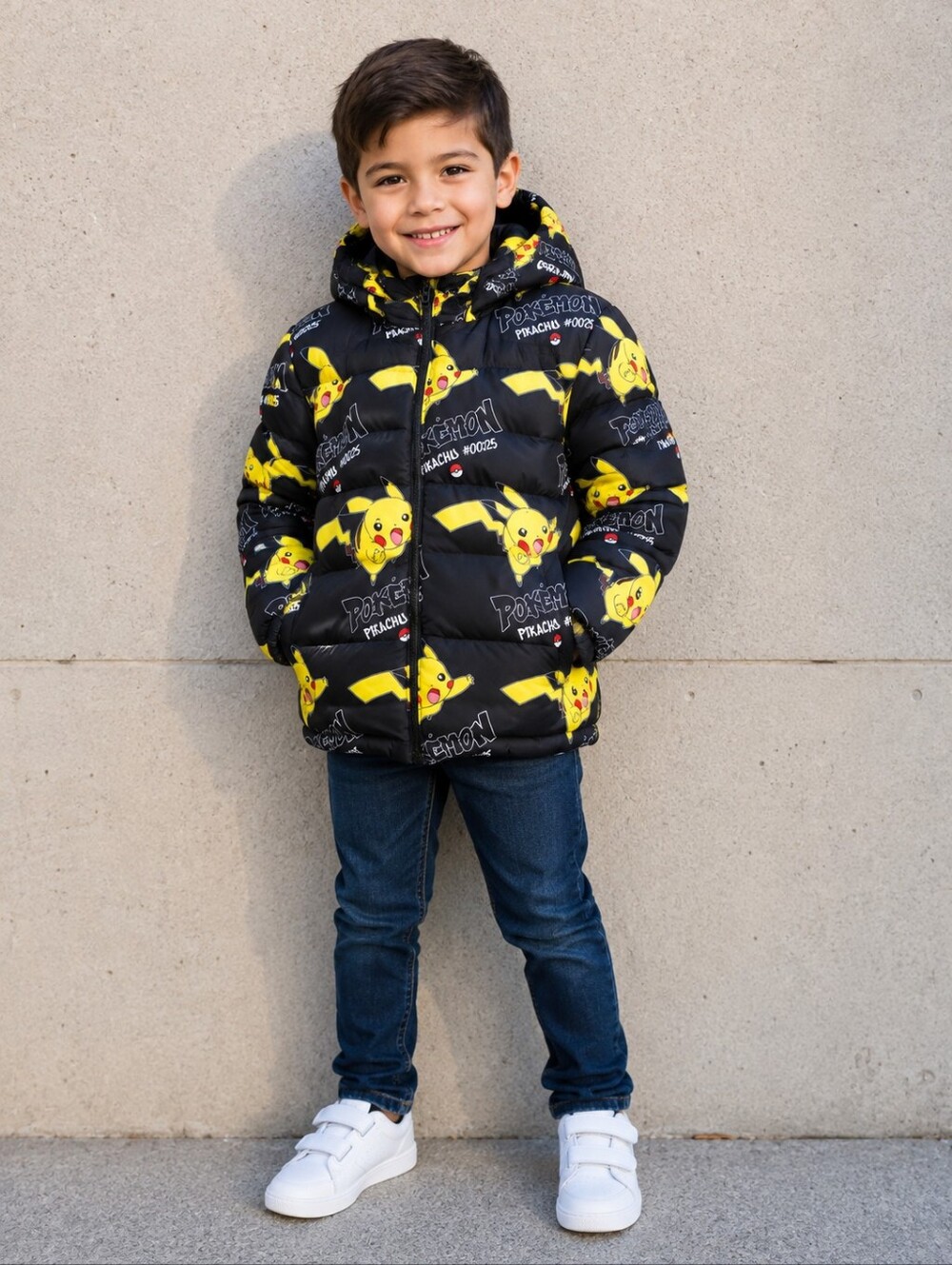 HM Pokemon Pikachu‎ Puffer Jacket Black Yellow Hooded Coat Kids Size 6X 7 8